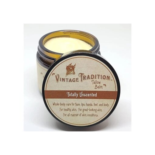 Vintage Tradition Beef Tallow Balm for Skin Care - Unscented, All Purpose Balm for Sensitive Skin Heals and Hydrates with Olive Oil + Tallow from Grass-Fed Cows - Beef Tallow for Skin, 2 fl, oz .