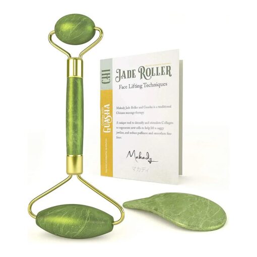 Natural Jade Roller- Gua Sha - Lymphatic Drainage Tool for Face, Neck, Body - Anti Aging Treatment - Reduces Wrinkles and Fine Lines