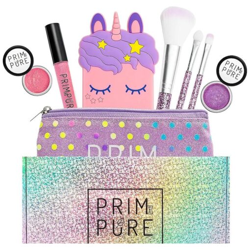 Prim and Pure Mineral Gift Set with Unicorn Mirror| Perfect for Play Dates & Birthday Parties | Kids Eyeshadow Makeup - Mineral Blush | Organic & Natural Makeup Kit for Kids| Made in USA ( Purple )