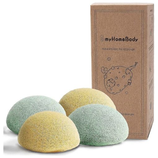 myHomeBody Natural Konjac Facial Sponges - for Gentle Face Cleansing and Exfoliation ( 2 Turmeric Yellow, 2 Aloe Green )