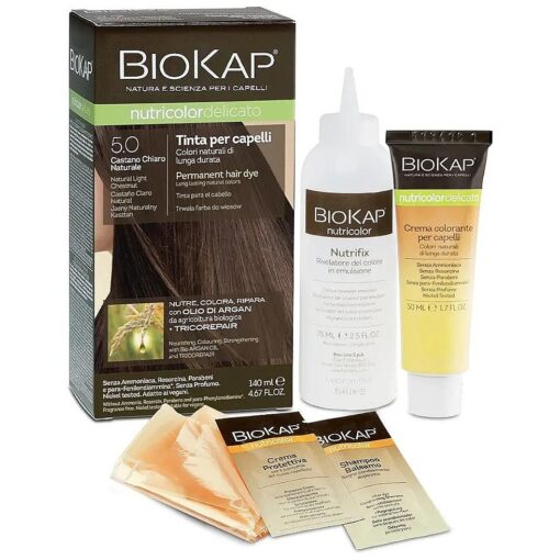 Permanent hair dye by BIOKAP, long lasting natural hair color for 100 % gray hair coverage with TRICOREPAIR complex, 4.67 ounce, one treatment, Natural Light Chestnut 5.0