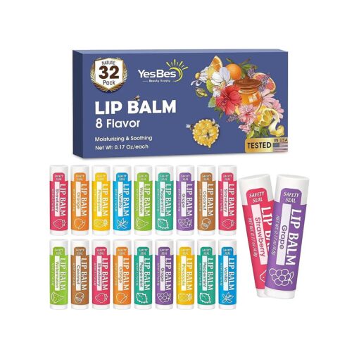 32 Pack Lip Balm, Natural Lip Balm Bulk with Vitamin E and Coconut Oil, Moisturizing Lip Balm for Dry Cracked Lips, Lip Balm for Stocking Stuffers - 8 Flavors