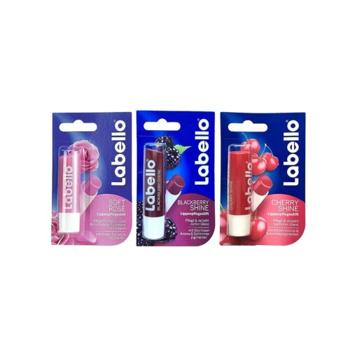 Labello Soft Rose, Labello Blackberry Shine, Labello Cherry Shine Lip Balm Bundle