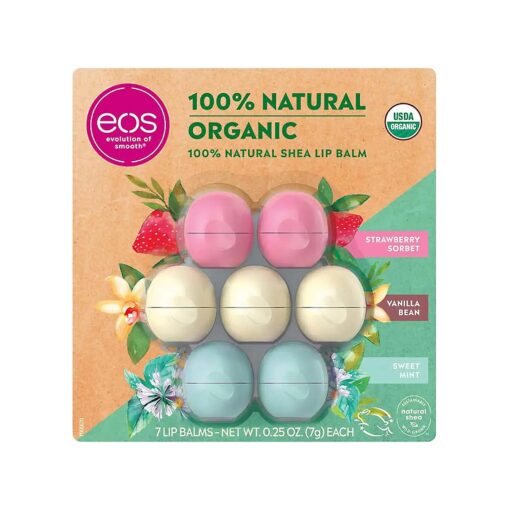 Eos Evolution of Smooth Lip Balm 100 % Natural Organic Lip Care Gift 7-Pack ~ 2 Chamomile, 3 Vanilla Bean & 2 Strawberry Sorbet