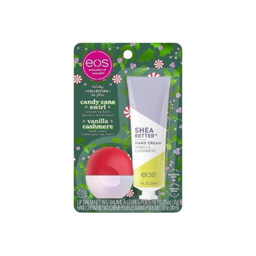 EOS Limited Edition Holiday Collection- Candy Cane Swirl Lip Balm & Vanilla Cashmere Hand Cream, 24-Hour Hydration, 2-Pack, Clear