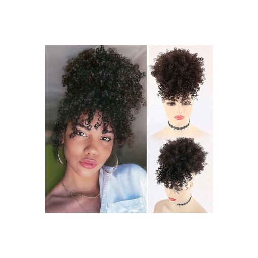 LEOSA Afro Puff Drawstring Ponytail Bun with Bangs Heat Resistant Synthetic Short Kinky Curly Ponytail Updo Hair Extensions with Two Clips, Natural looking Curly Women Hairpieces ( # 2 )