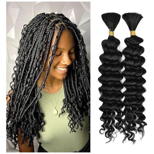 2 Bundles Human Braiding Hair for Boho Braids, 18Inch 100G 10A Brazilian Virgin Deep Wave Bulk Human Hair for Braiding, Wet And Wavy No Weft Curly Braiding Hair for Boho Knotless Braids