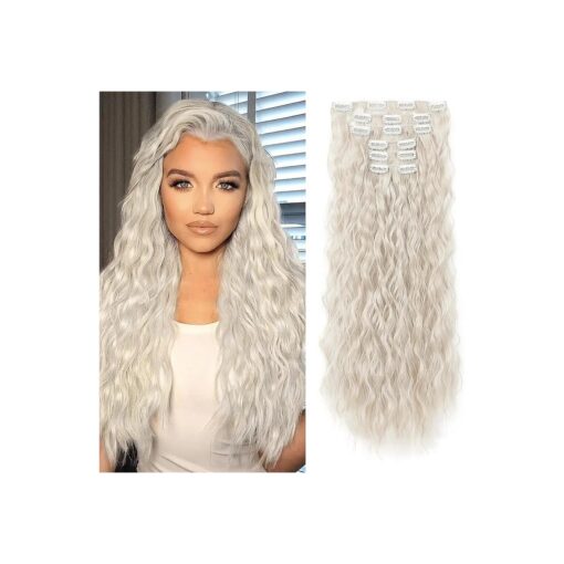 Clip In Hair Extensions, LONAI 6PCS Curly 24" Long Synthetic Clip On Hairpiece For Women-White Blonde