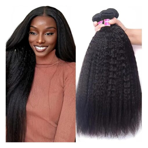 UNice Yaki Kinky Straight Human Hair Weave 3 Bundles 100 % Unprocessed Mongolian Virgin Human Hair Weft Sew in Human Hair Extensions Natural Color 18 18 18 inch