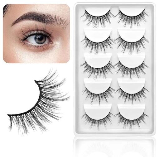 False Lashes Natural Look 15mm Mink Lashes Fluffy 5 Pairs Cat Eye Lashes that Look Like Extensions Strip Lashes Pack