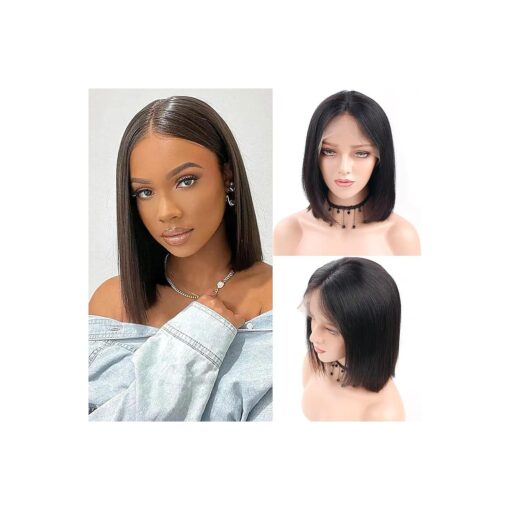 8 Inch Human Hair Lace Front Bob Wig - Brazilian Virgin Hair, Straight, Natural Color - Glueless, Short T-Part Style - 5x5x1 Closure - 150 % Density