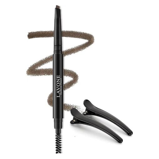 LAVONE Eyebrow Pencil - Makeup Waterproof Brow Pencil with Triangular Tip, Dual-Sided Brow Brush, Precise, Fine Tip, Fills Brows Creates Natural Looking Brow, with Hair Clips - Dark Brown