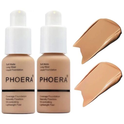 BestLand 2Pack PHOERA Foundation Full Coverage Liquid Foundation Cream - Long-lasting Lightweight Concealer - Oil-Free Formula - Natural Shade - Suitable for All Skin Types ( 104 Buff Beige & 105 Sand )