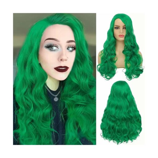 Kaneles Long Curly Green Wig for Women Wavy Side Part Hair Natural Looking Synthetic Heat Resistant Cosplay Party Replacement Wig ( Green )