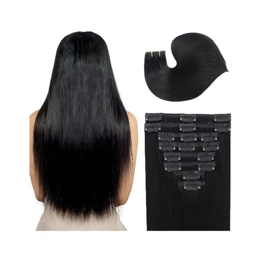 Clip in Hair Extensions Real Human Hair 100 % Brazilian Virgin Human Hair 8pcs Per Set with 18Clips Double Weft Clip in Human Hair Extensions ( 18 Inch, 70g, 1 Jet Black Hair Extensions )