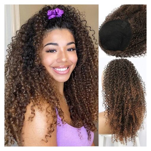 LEOSA Dark Brown Ponytail Extension Kinky Curly Ponytail for Women Ombre Drawstring Ponytail Long Afro Kinky Curly Ponytail Clip Curly Hair Pieces 26Inch Synthetic Highlight Low Ponytail