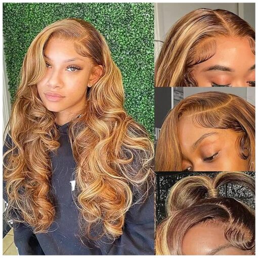 Highlight Ombre Lace Front Wigs Human Hair Pre Plucked with Baby Hair 13x4 Body Wave Frontal Wigs Human Hair 180 % Density 4/27 Colored Honey Blonde Lace Front Wig for Women 22 Inch