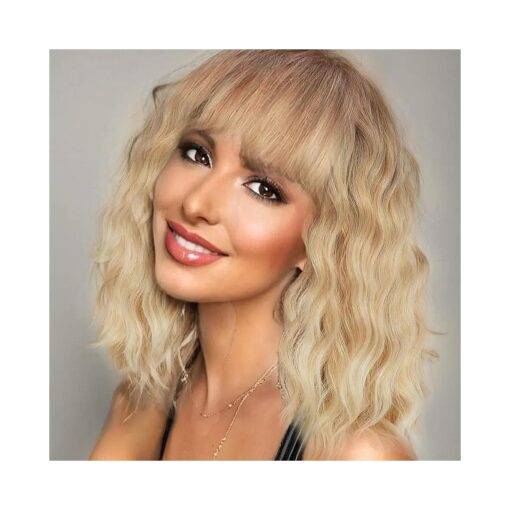 Short Wavy Blonde Wig with Bangs Curly Blonde Bob Wigs for Women Natural Looking Synthetic Protein Fiber Hair Replacement Wig Costume Cosplay Halloween Wigs