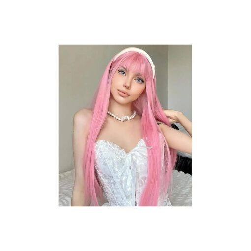 BERON Light Pink Wigs Straight Long Hair Wigs with Bangs Women Fashion Heat Resistant Synthetic Natural Looking Wig for Cosplay Party or Daily Use