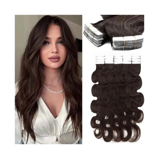 Tape in Hair Extensions Real Human Hair 20pcs 40g 100 % Remy Hair Extensions of Balayage Dark Brown Seamless Curly Wavy Tape in Hair Extension Double Sided of 14 inch