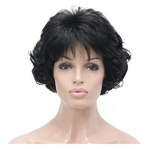 Kalyss Short Black Curly Wavy Synthetic Hair Wigs With Hair Bangs for Women 70 ' Look Lightweight Natural Looking Hair Wigs