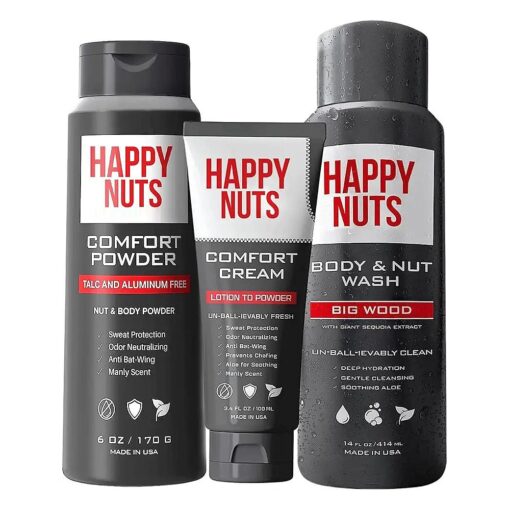 Happy Nuts Comfort Cream Powder and Body Wash Bundle - Anti-Chafing Sweat Defense and Natural Men 's Shower Gel Body Wash