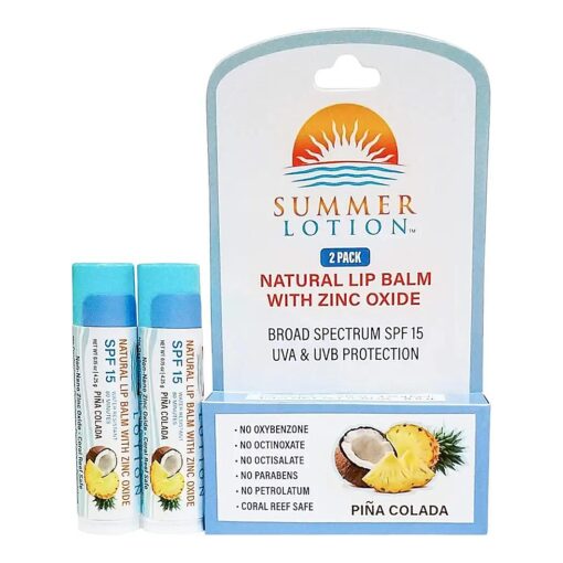 Natural Lip Balm with Zinc Oxide Sunblock by Summer Lotion, SPF 15 Lip Sunscreen 2-Pack, Water Resistant Chapstick, SPF Lip Protection for Everyone, ( Pina Colada )