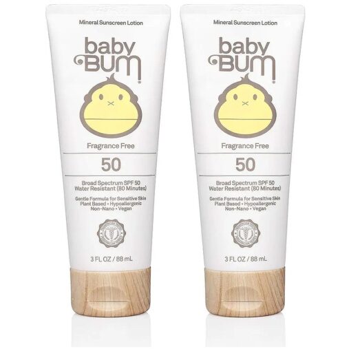 Baby Bum Mineral Sunscreen Lotion | SPF 50 | UVA, UVB Face and Body Protection | Fragrance Free Safe for Sensitive Skin | Travel Size | 3 Ounce | Pack of 2