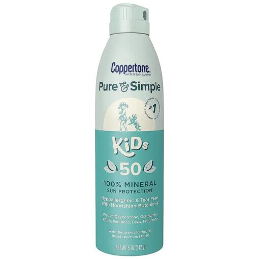 Coppertone Pure and Simple Kids Sunscreen Spray SPF 50, Zinc Oxide Mineral, Tear Free, Water Resistant, Broad Spectrum, 5 Oz