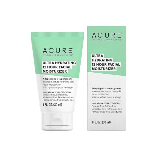 Acure Ultra Hydrating 12 Hour Facial Moisturizer - Intense Morning Moisture for Dry Dull Skin - Infused Blend of Adaptogens Aswagandha & 7 Supergreens - All Natural Vegan Cream Formula - 1 Fl Oz