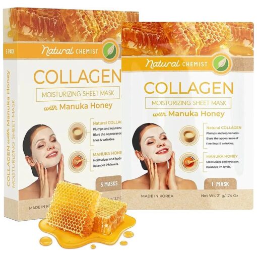 Collagen & Manuka Honey Sheet Face Mask - Moisturizing, Anti-aging & Skin Firming, Hydrating & Balancing Sheet Mask - Cruelty Free Korean Skin Care For All Skin Types - 5 Masks