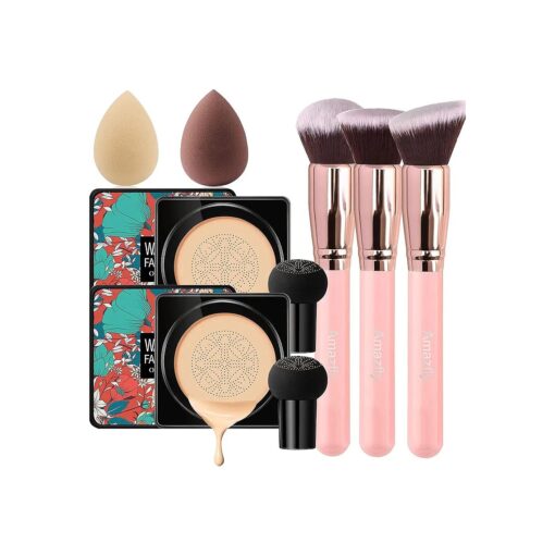 2 PCS Air Cushion CC Cream Mushroom Head Foundation, Moisturize BB Cream Makeup Long Lasting Matte Concealer Bright Makeup Base with Mushroom Makeup Sponge and Powder Brush ( Natural )