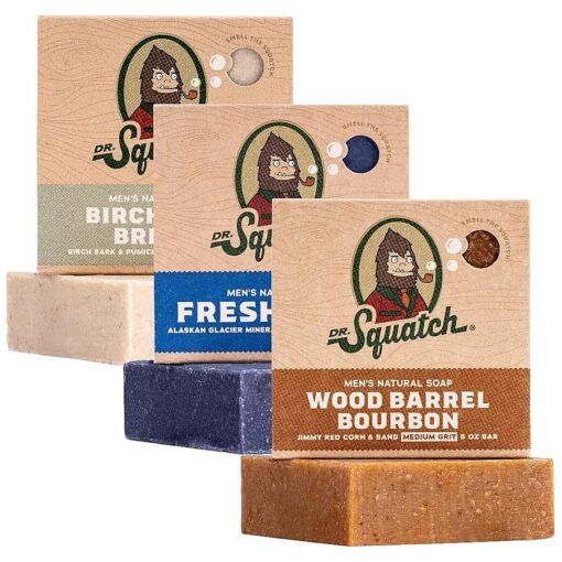 Dr. Squatch Men 's Natural Bar Soap from Moisturizing Soap Made from Natural Oils - Cold Process Soap with No Harsh Chemicals - Wood Barrel Bourbon, Fresh Falls, Birchwood Breeze ( 3 Pack )