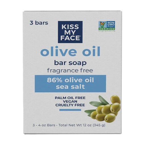 Kiss My Face Olive Oil Fragrance Free Bar Soap, Moisturizing Bar Soap, Cruelty Free Vegan Soap, Palm Oil Free, 4 Oz - 3 Count ( Pack of 1 )