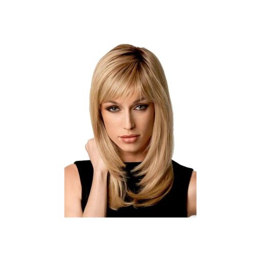 Natural Ombre Blonde Straight Wigs Long Bob Straight Blonde Hair Wigs with Side Bangs for Women + Wig Cap 21 Inch