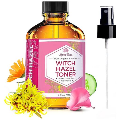 Witch Hazel Alcohol Free Toner by Leven Rose, 100 % Pure Organic Facial Rose Water with Rose Petals, Calendula, Cucumber, and Chamomile Flower 4 oz