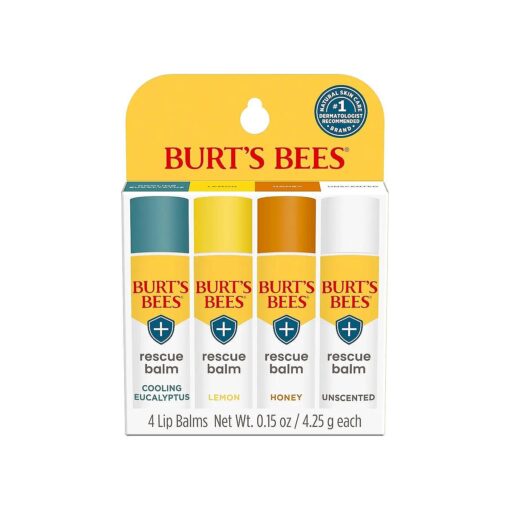 Burt 's Bees 100 % Natural Origin Rescue Lip Balm, Cooling Eucalyptus, Lemon, Honey, Unscented, 4 Tubes, Pack May Vary