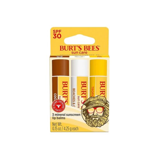 Burt 's Bees SPF 30 Lip Balm, Island Getaway - Coco Loco, Beaches & Cream, Tropic Like It 's Hot, Water-Resistant Sun Care, Natural Origin Lip Treatment, 3 Tubes, 0.15 oz