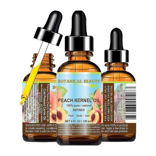 Peach Kernel Oil, 100 % Pure Natural Undiluted Refined Cold Pressed Carrier Oil for Face, Skin, Hair, Massage, Lip, Nail Care, 4 Fl, oz-120 ml by Botanical Beauty