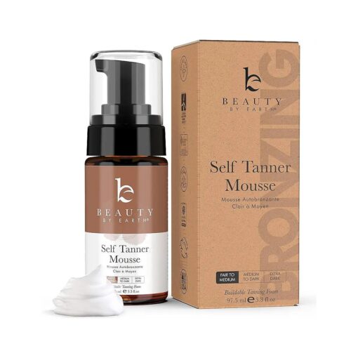 Beauty by Earth Self Tanner Mousse - Fair to Medium Gradual Self Tanner Foam, Sunless Tanner, Natural Self Tanner Mousse, Self Tanning Mousse Light, Vegan Tanning Mousse