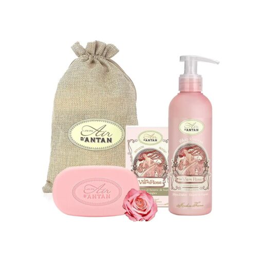 Un Air d'Antan Rose Peach Scented Bar Soap Gift Set for Women - 2 Piece French Bath and Body Set : 1 Body Lotion ( 6.8oz ) + 1 Shea Butter Womens Soap Organic Soap Bar for Women - Secret Santa