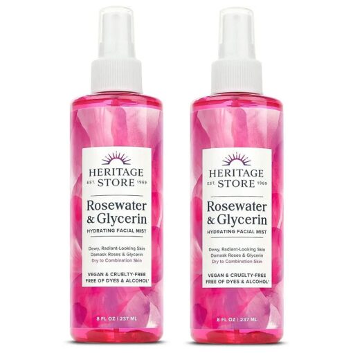 Heritage Store Rosewater & Glycerin 2-pack, Hydrating Facial Mist for Dry Combination Skin Care, Rose Water Spray for Face with Vegetable Glycerine, Made Without Dyes or Alcohol, Vegan, 8oz each