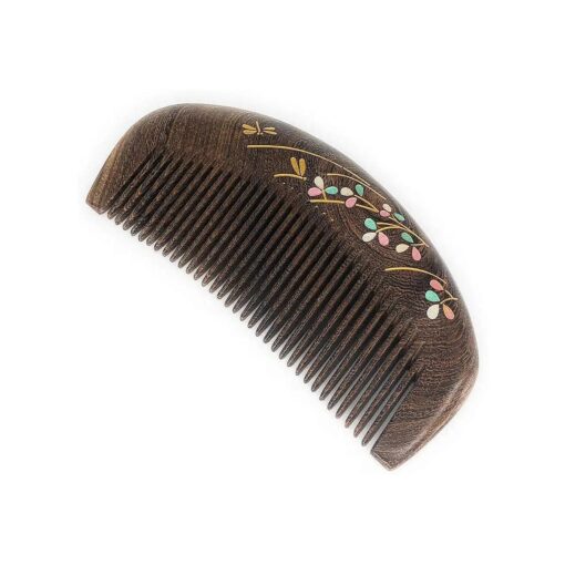 Natural Handmade Wooden Comb, Fine Tooth Long Sandalwood Comb Hair Comb with Flower Gold Drawing, No Static No Snag Wood Combs for Men Women Kids ( peacook drawing )