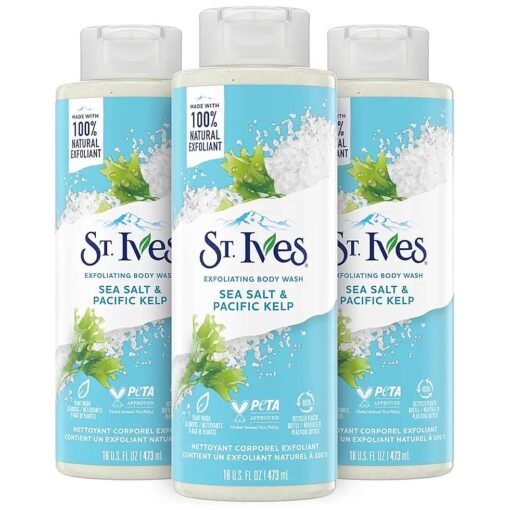 St. Ives Exfoliating Body Wash - Sea Salt & Pacific Kelp Scrub, Natural Body Wash, Body Soap, or Hand Soap with Plant-Based Exfoliants for Glowing Skin, 16 Oz Ea ( Pack of 3 )