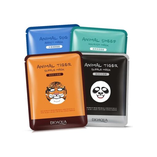 BIOAQUA Face Mask Sheet Enriched with Natural Serum for Radiant and Nourished Skin At Home Spa Moisturizing Facial with Fun Animal Characters : Panda Tiger Sheep Dog ( 4 Sheets Variety Pack )