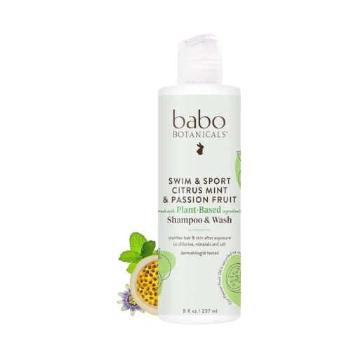 Babo Botanicals Swim & Sport Citrus Mint & Passion Fruit Shampoo & Wash - Purifying Cleanser for hair & body- Removes chlorine & sweat - For all ages - Scented with Citrus & Peppermint Essential Oils