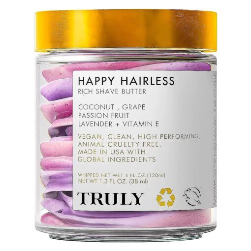 Truly Beauty Happy Hairless Shave Butter - Natural Shaving Cream for Women, Coconut Oil and More for Smooth, Nourished Skin - 1.3 Fl Oz