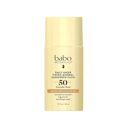 Babo Botanicals Daily Sheer Tinted Mineral Sunscreen Fluid SPF50 - Natural Zinc Oxide - Passion Fruit Oil - Golden-Hued Tint - Fragrance Free - Ultra-Lightweight - For Face - For all ages