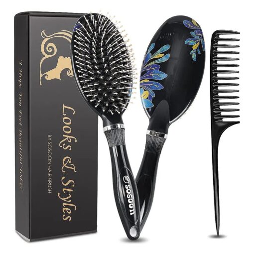 Hair Brush, Sosoon Boar Bristle Hair Brushes for Women Men Kids Thick Curly Dry Wet Hair, Smoothing Detangling Hairbrush Adds Shine and Improves Hair Texture with Hair Comb ( Black )