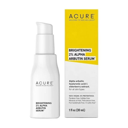 Acure Brightening 2 % Alpha Arbutin Serum - Brighter Skin, Improve Dark Spots & Uneven Tone - 100 % Vegan with Alpha Arbutin, Hyaluronic Acid & Elderberry Extract - Skincare For All Skin Types - 1 Fl Oz